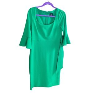 Adrianna Papell Emerald Green Square Neck Bell Sleeve Sheath Dress‎